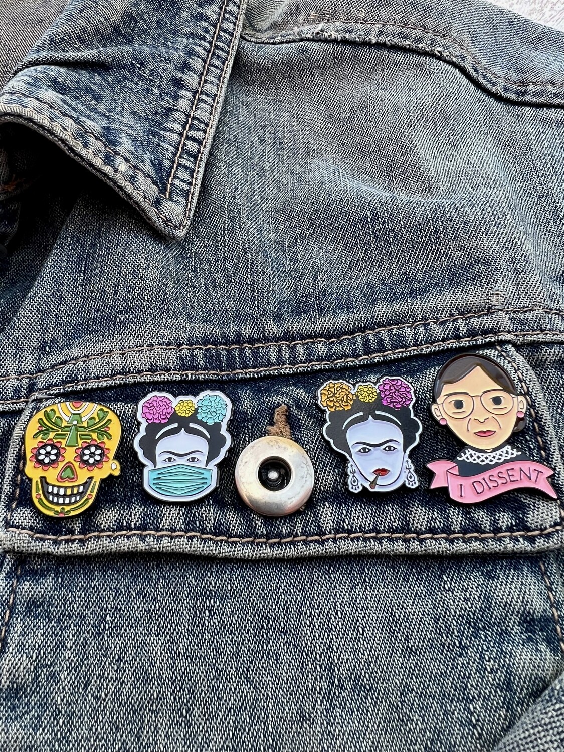 Metal enamel pin set of 4:  Calaca Mexican skull; Frida w/face mask; Frida smocking a blunt; and Justice Ruth Bader Ginsburg  I dissent, SCOTUS pin