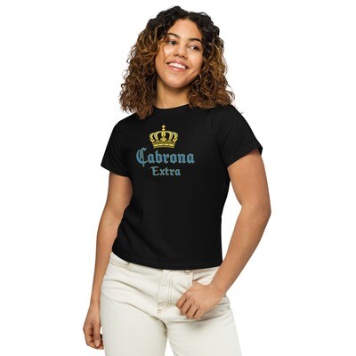 Women’s high-waisted t-shirt, Cabrona Extra Mexican beer label design