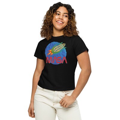 Women’s high-waisted t-shirt with MASA Cornship design