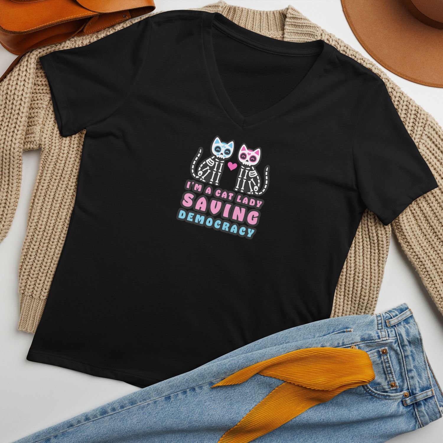 I&#39;m a Cat Lady Saving Democracy. Women&#39;s Relaxed V-Neck T-Shirt | Bella Canvas 6405CVC.