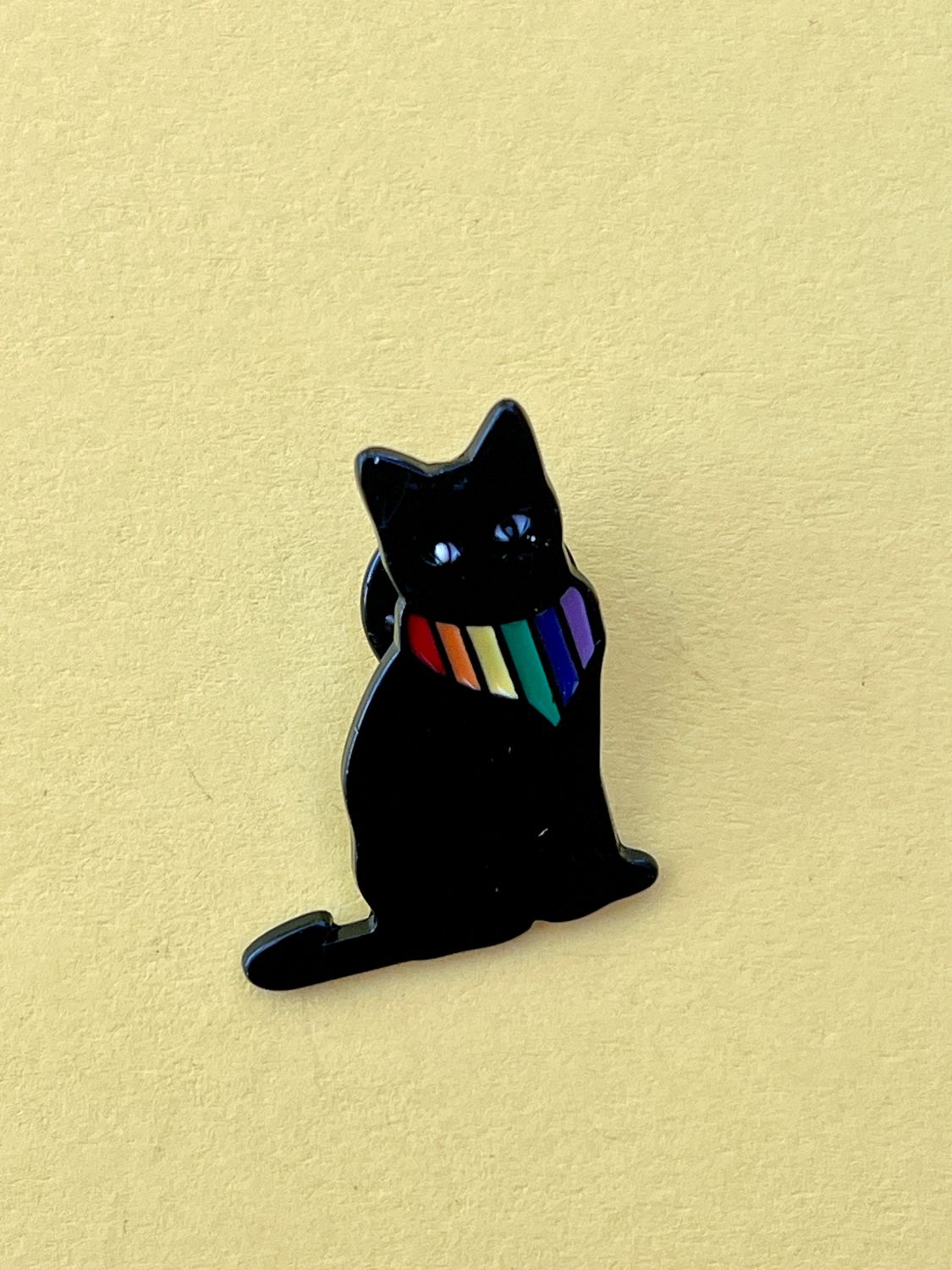 Black Cat with a Pride Rainbow Scarf, metal soft enamel lapel pin