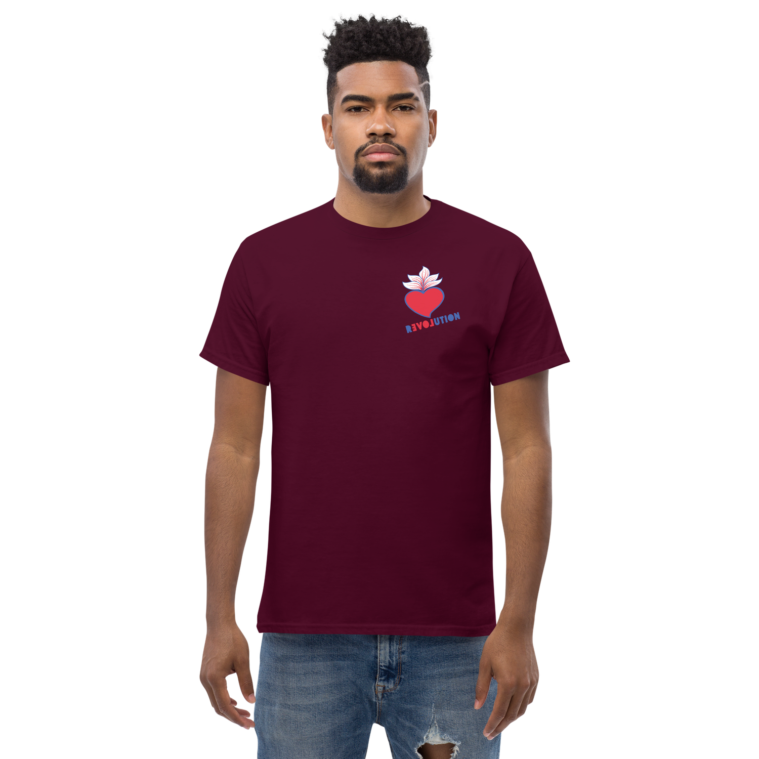 REVOLUTION LOVE back print with small chest logo in front. Unisex classic tee.