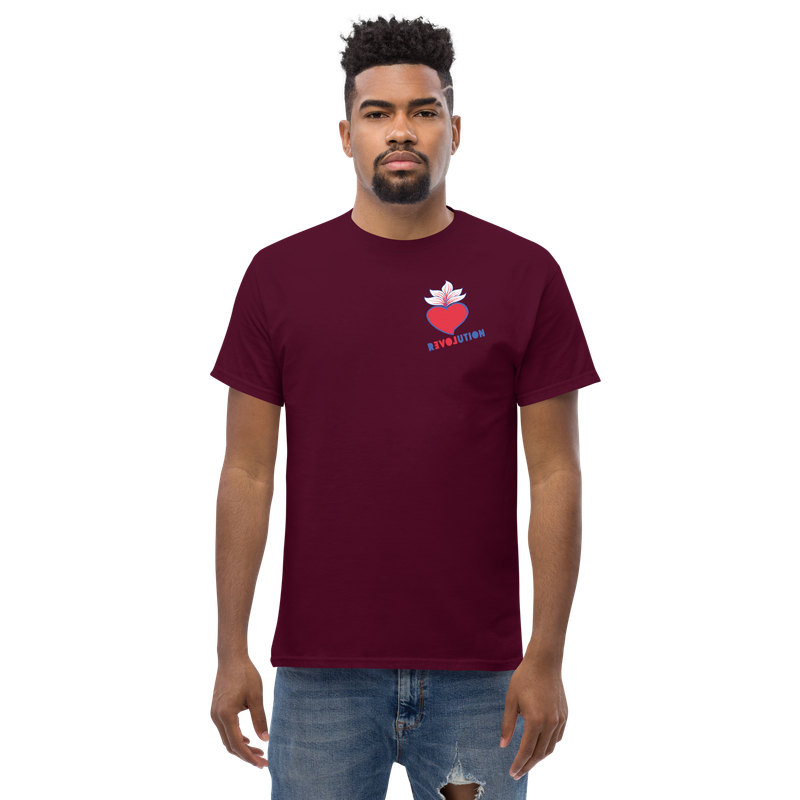 REVOLUTION LOVE back print with small chest logo in front. Unisex classic tee.