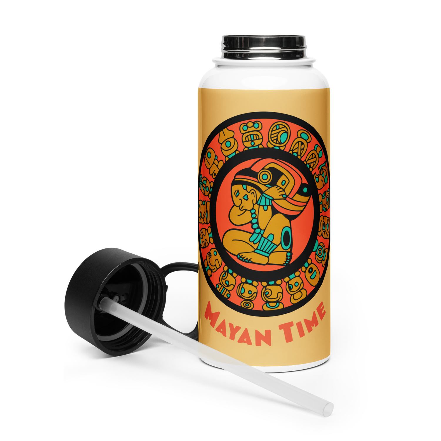 Mayan Calendar Stainless steel water flask with a straw lid