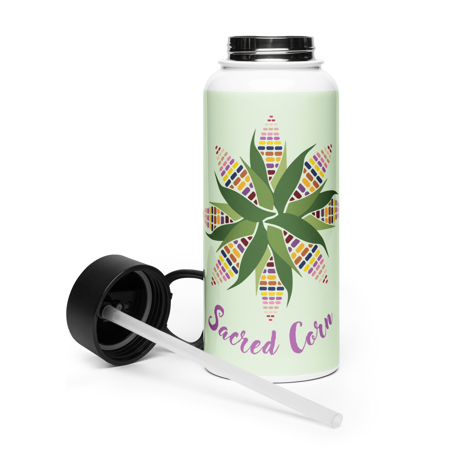 Sacred Corn Mandala, Mexican Style, stainless steel water bottle with straw lid
