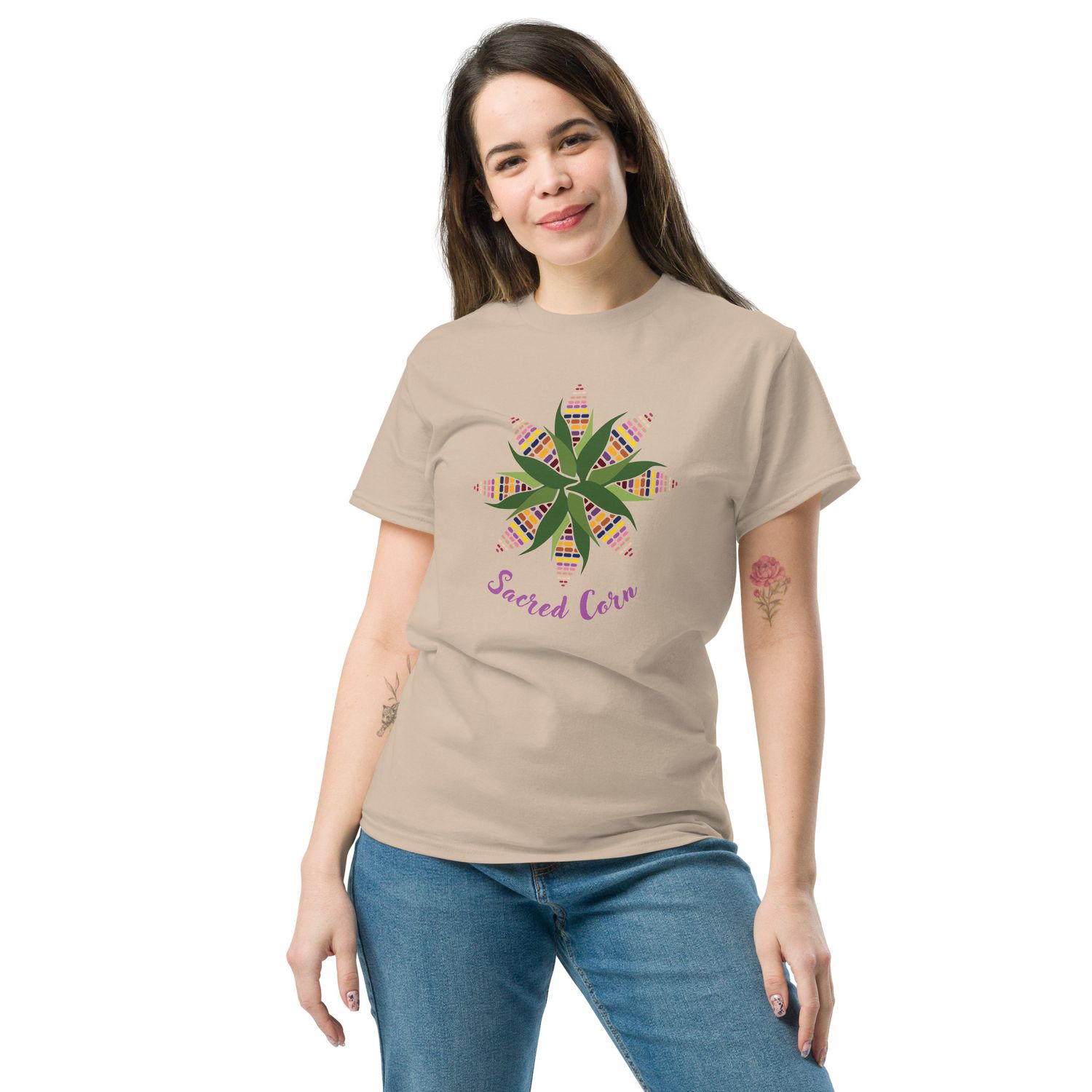 Sacred Corn Mexican Mandala, Gildan 5000 Heavy Cotton Classic Unisex T-Shirt. Mayan Corn Sacred Circle Design