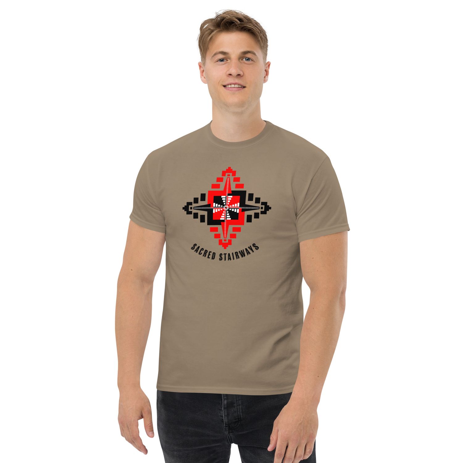 Sacred Temple Stairways, Gildan 5000 Heavy Cotton Classic Unisex T-Shirt. Mayan Pyramid Stairways Design