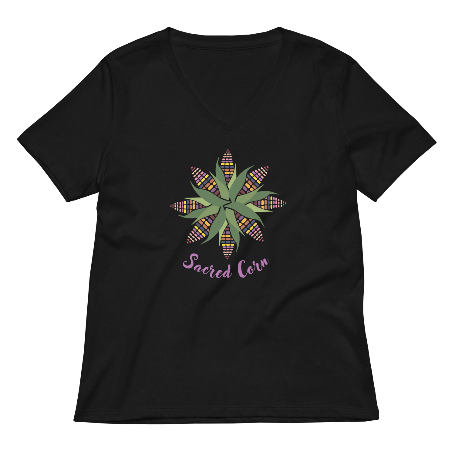 Women&#39;s Relaxed V-Neck T-Shirt with Sacred Corn Mandala design | Bella Canvas 6405CVC