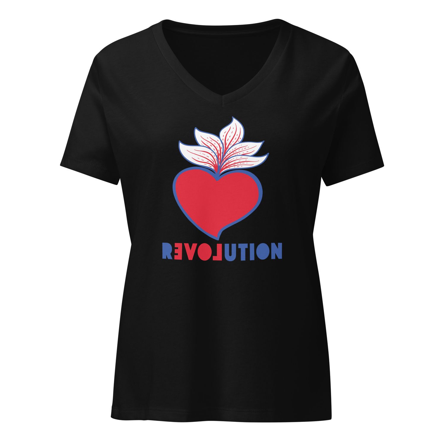 Women&#39;s Relaxed V-Neck T-Shirt with Mexican Hearth design, REVOLUTION LOVE | Bella Canvas 6405CVC