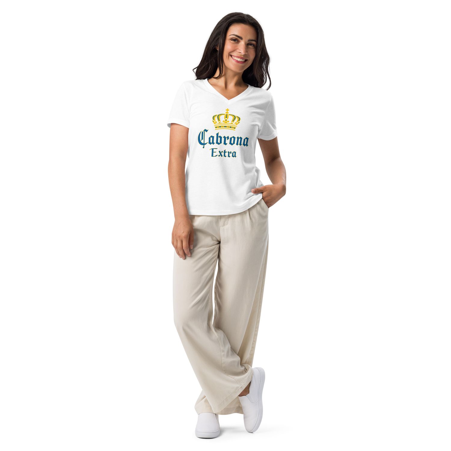 Women&#39;s Relaxed V-Neck T-Shirt with Mexican Beer Funny design, Cabrona Extra | Bella Canvas 6405CVC