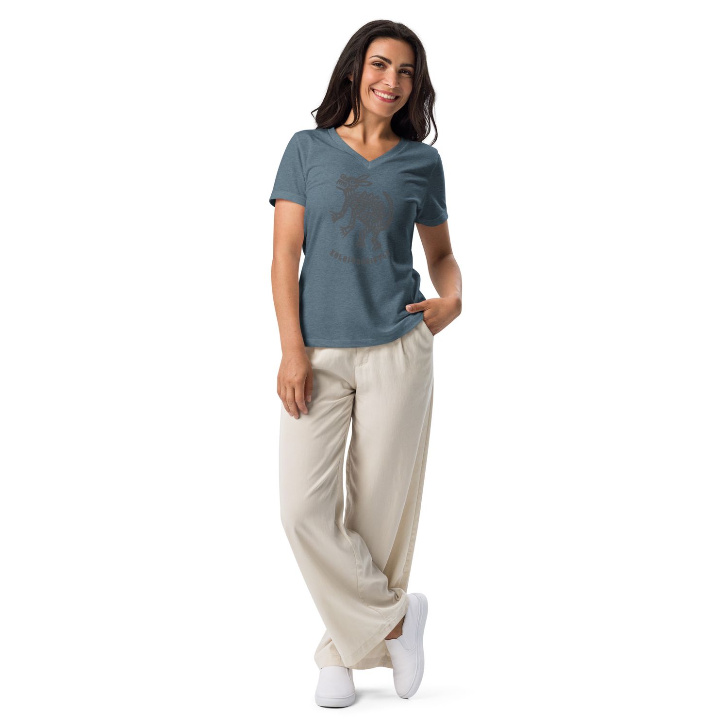Women&#39;s Relaxed V-Neck T-Shirt with Sacred Mexican Dog, Xoloitzcuintle | Bella Canvas 6405CVC