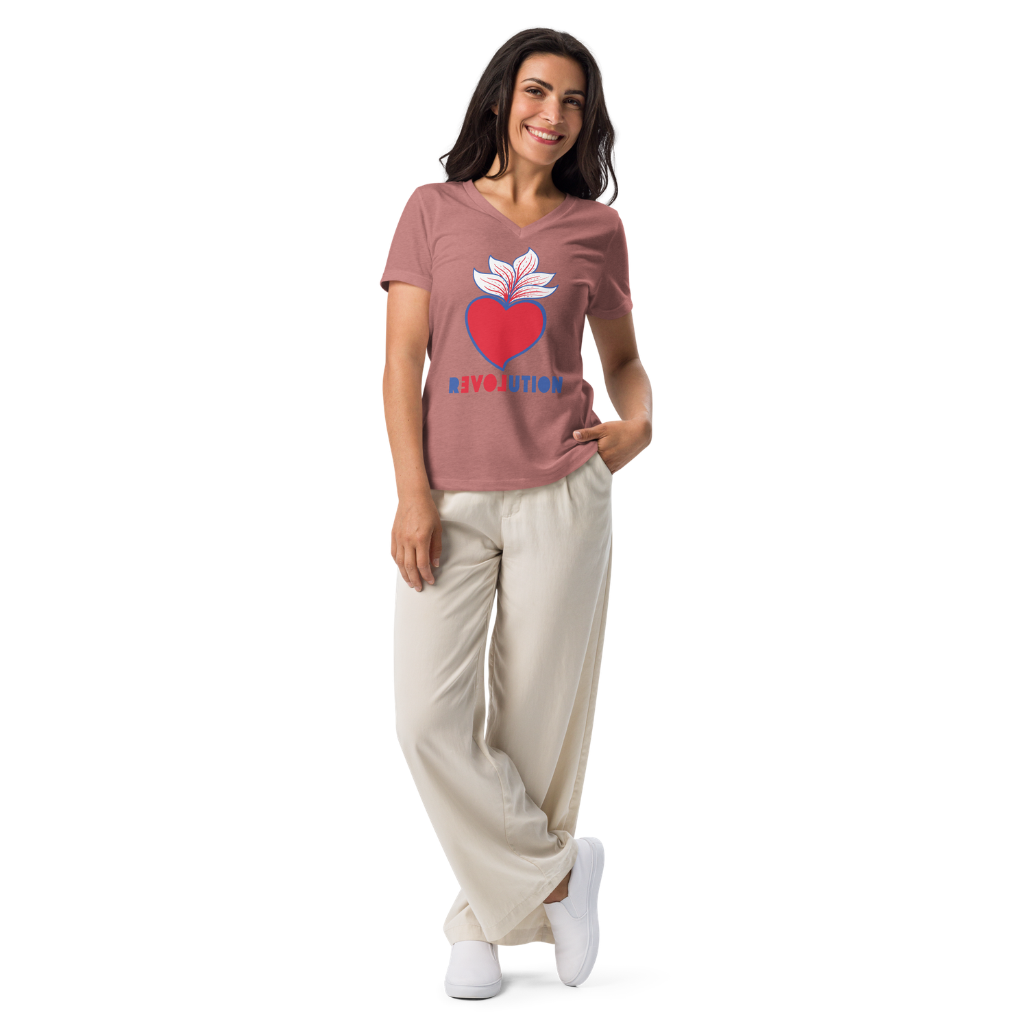 Women&#39;s Relaxed V-Neck T-Shirt with Mexican Hearth design, REVOLUTION LOVE | Bella Canvas 6405CVC