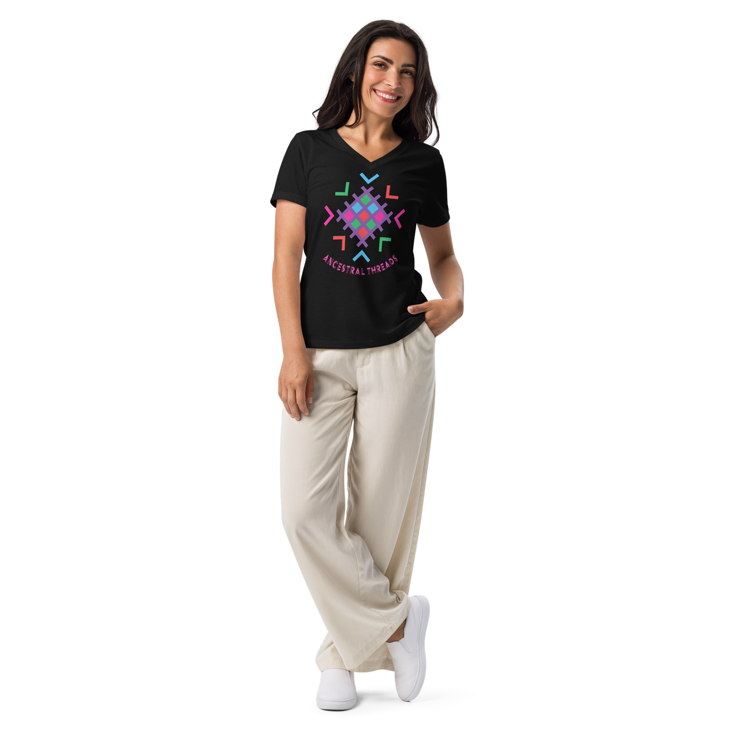 Women&#39;s Relaxed V-Neck T-Shirt with Mayan style design, Sacred Threads | Bella Canvas 6405CVC