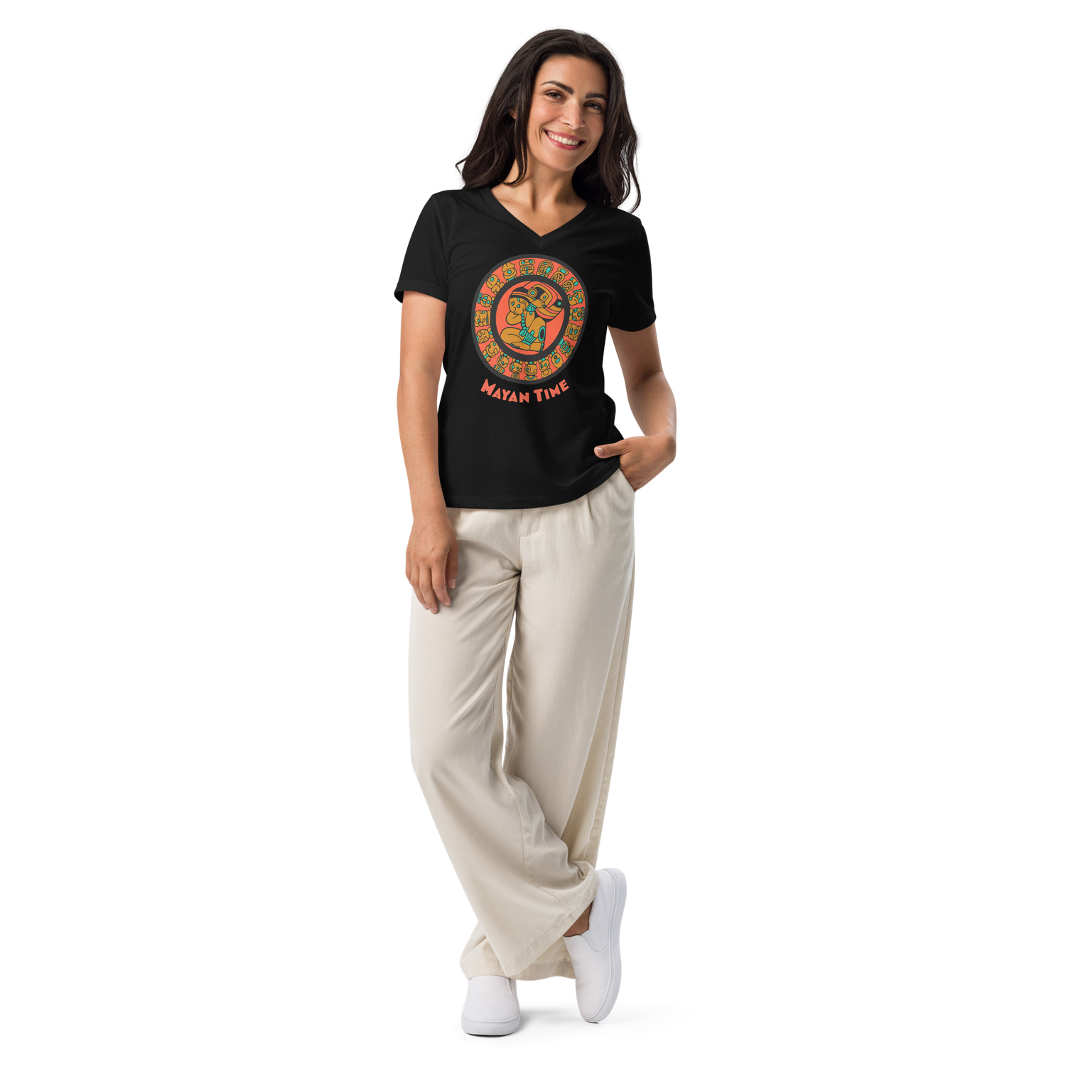 Women&#39;s Relaxed V-Neck T-Shirt with Mayan Calendar design, MAYAN TIME | Bella Canvas 6405CVC