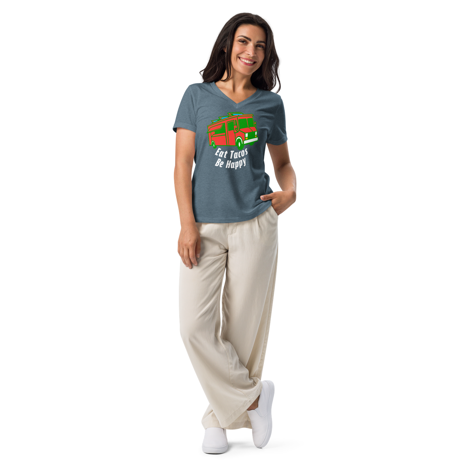 Women&#39;s Relaxed V-Neck T-Shirt with Taco Truck design, Eat Tacos Be Happy | Bella Canvas 6405CVC