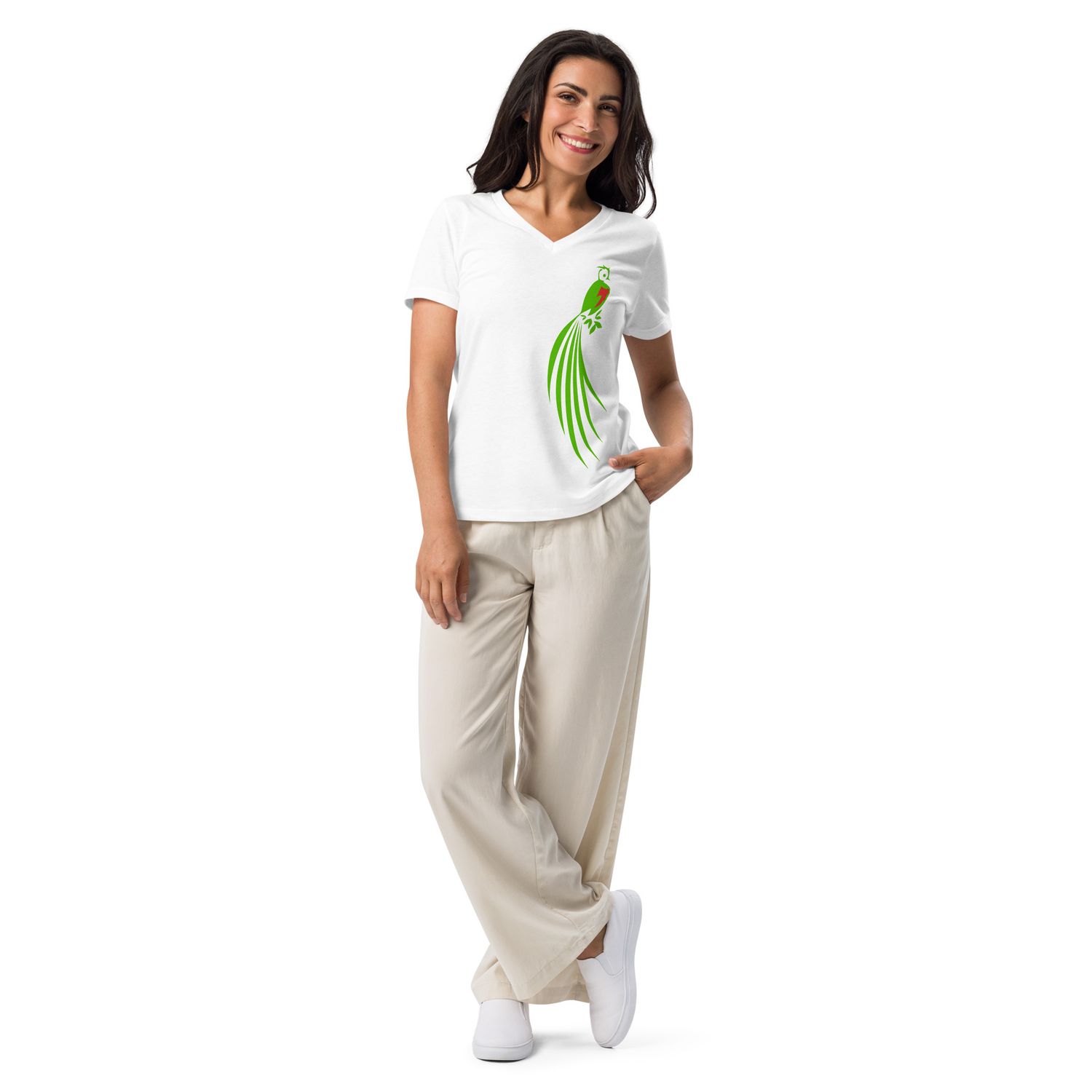 Women&#39;s Relaxed V-Neck T-Shirt with Quetzal Bird design | Bella Canvas 6405CVC