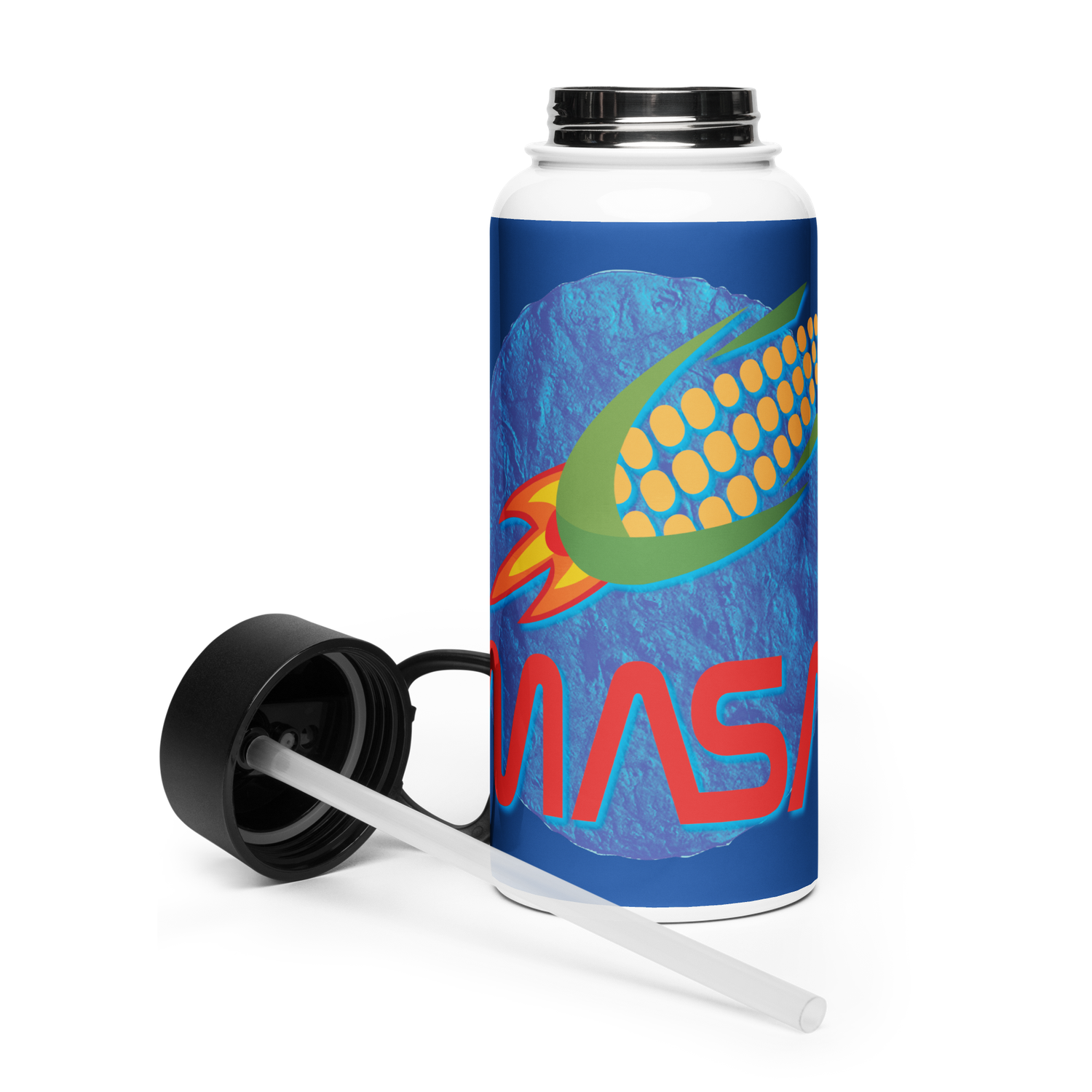 MASA, NASA, Sacred Corn, Space Travel, Blue Corn Tortilla Planet, Stainless steel water bottle with a straw lid