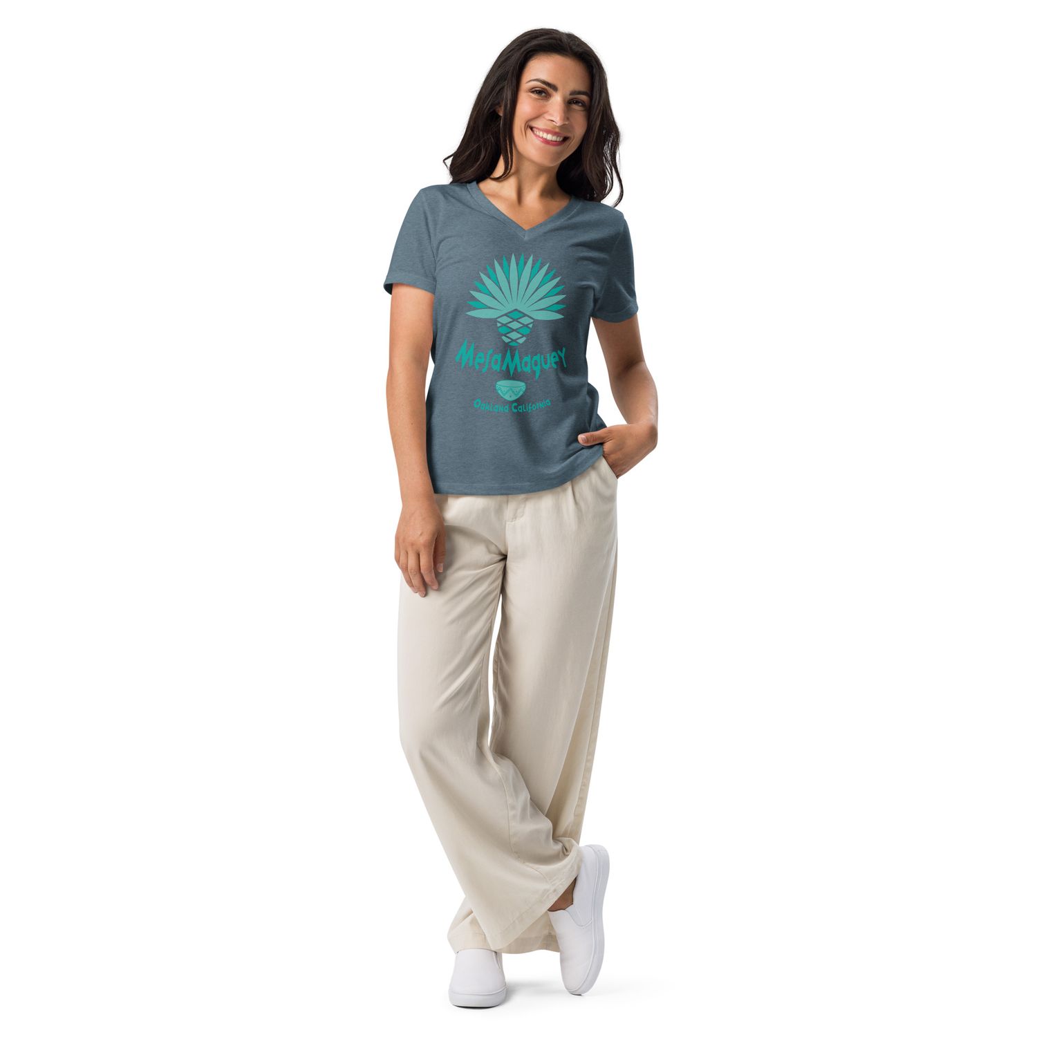 Women&#39;s Relaxed V-Neck T-Shirt with Mesa Maguey Oakland California design | Bella Canvas 6405CVC