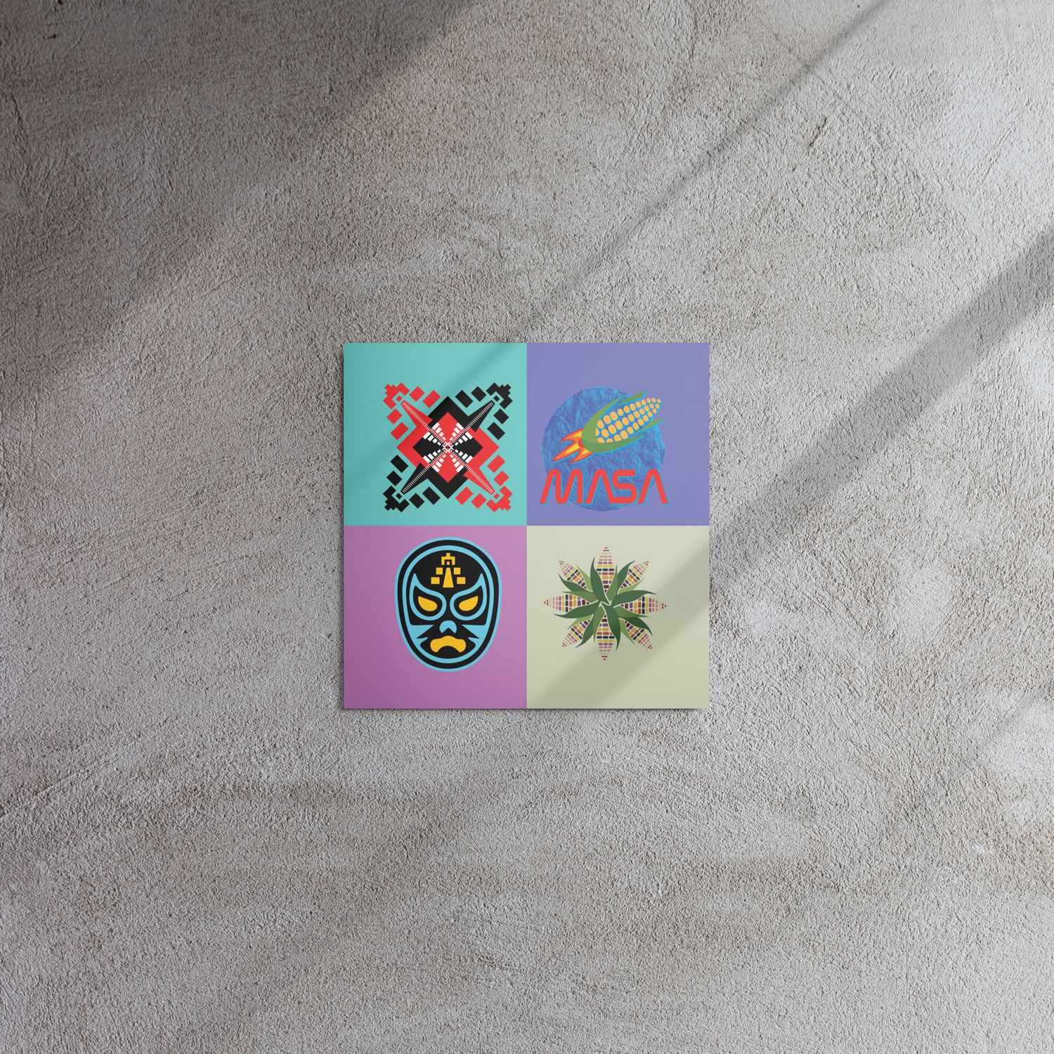 Quadriptych High Res Metal print: Mayan Temples; MASA (NASA) Corn Spaceship; Lucha Libre Mask; and, Sacred Corn Mandala design