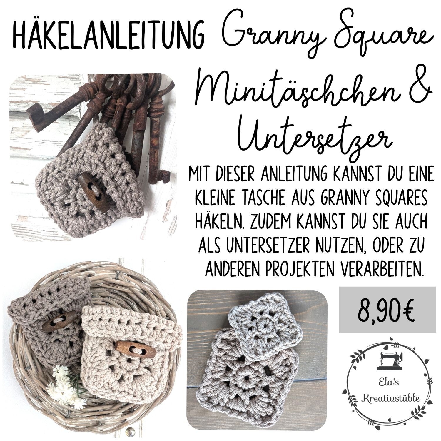 Häkelanleitung Granny Square Täschchen/Untersetzer