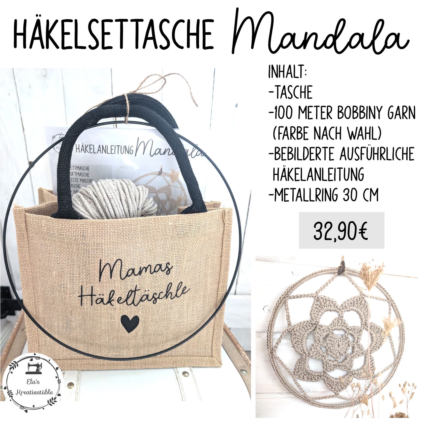 Häkelset Mandala incl. Tasche (verschiedene Aufschriften)
