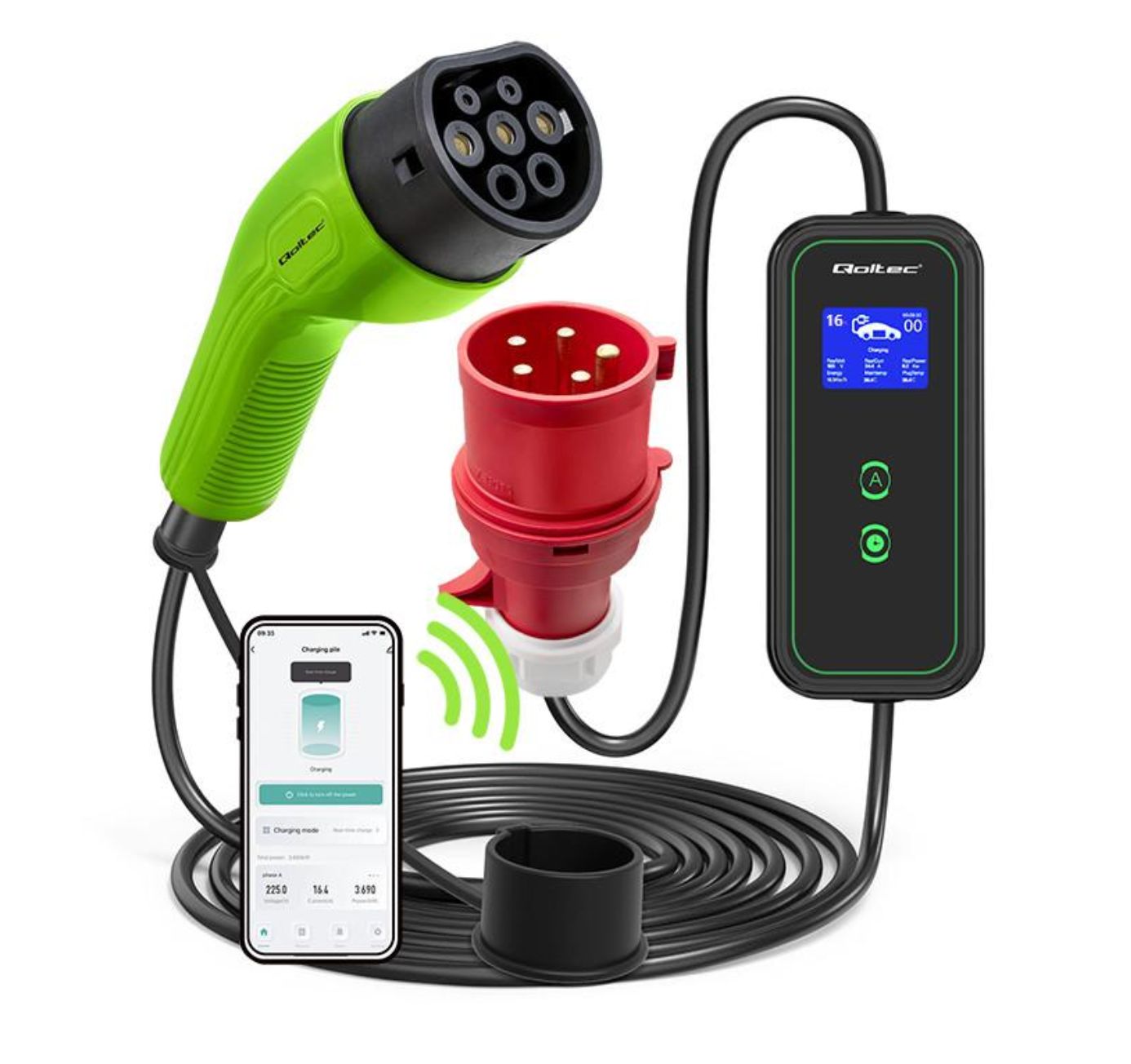 Qoltec Mobilna ładowarka do samochodu elektrycznego EV z regulacją 2w1 Typ2 3.5kW 230V Wi‑fi LCD Przenośna Wallbox 5m