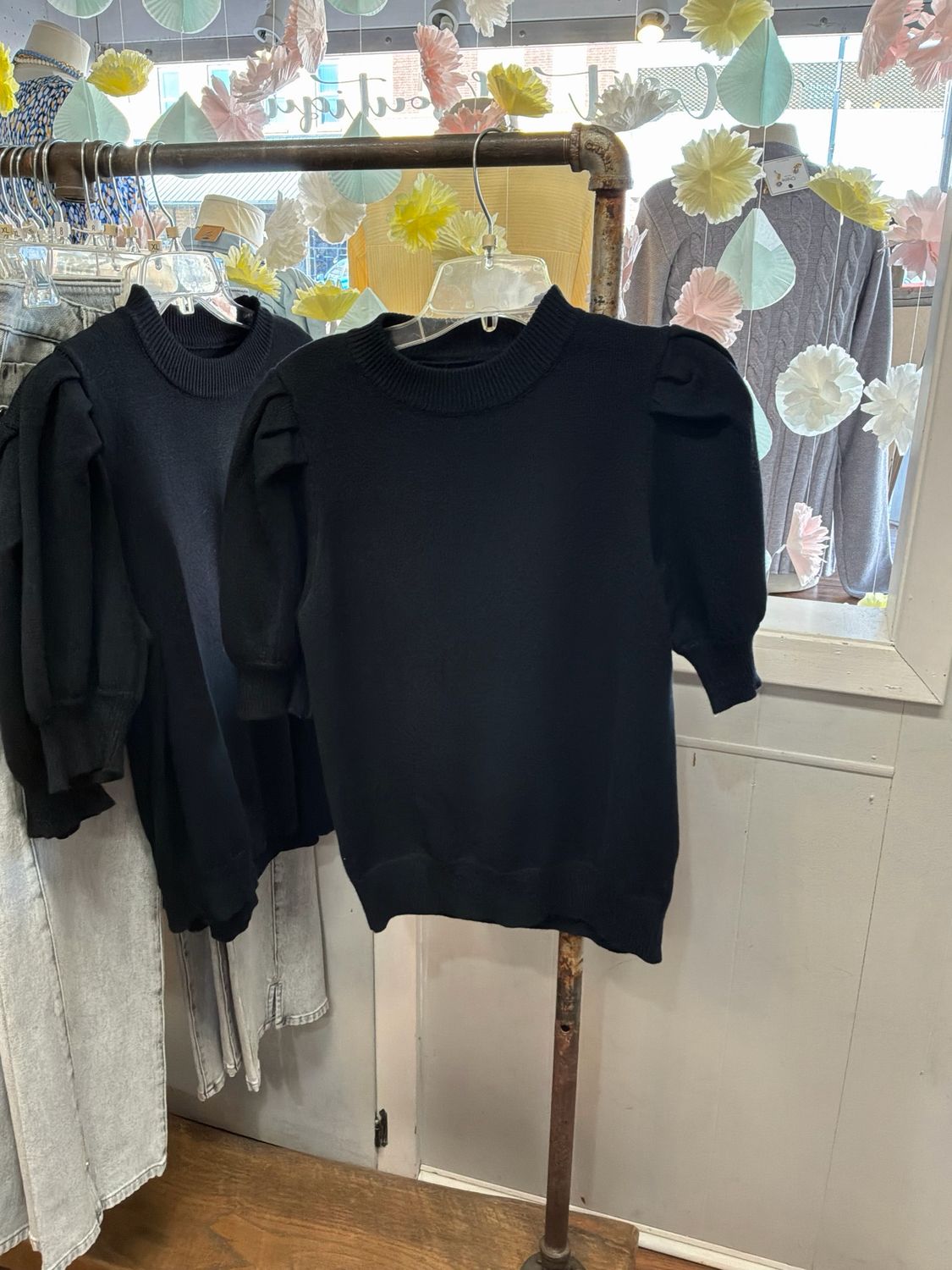 Black Knit Puff SS Top