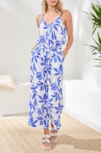 BUTTON FRONT JUMPSUIT W/ SASH-BAJA BLUE, Size: S
