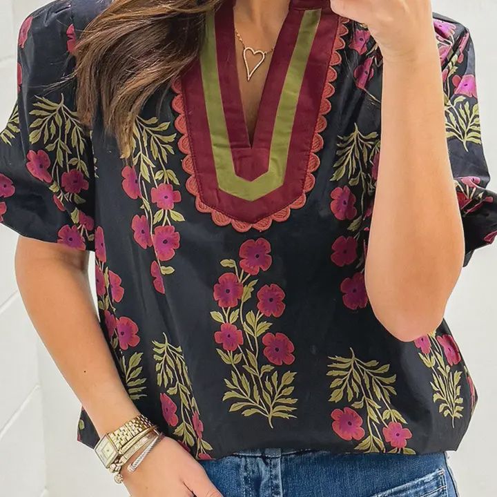 Black Floral Short Bubble Sleeve Contrast