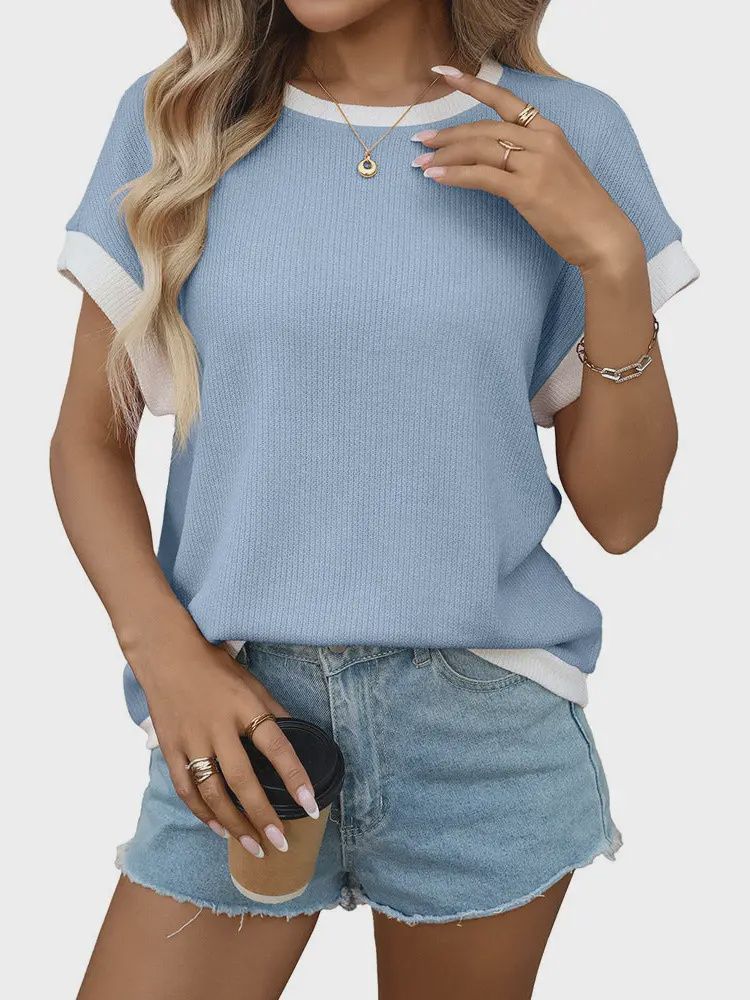 Colorblock SS Knit Top Light Blue