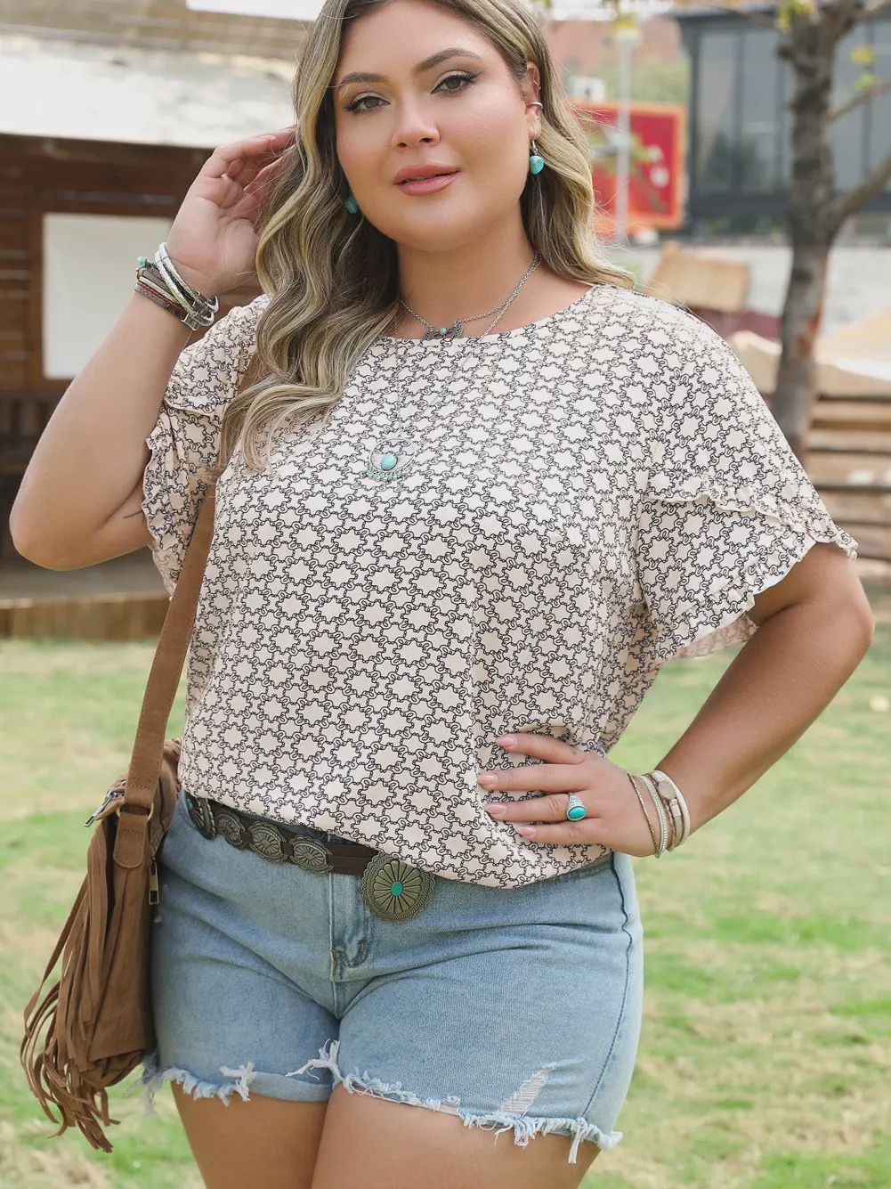 Khaki Geo Plus Size Ruffle Sl