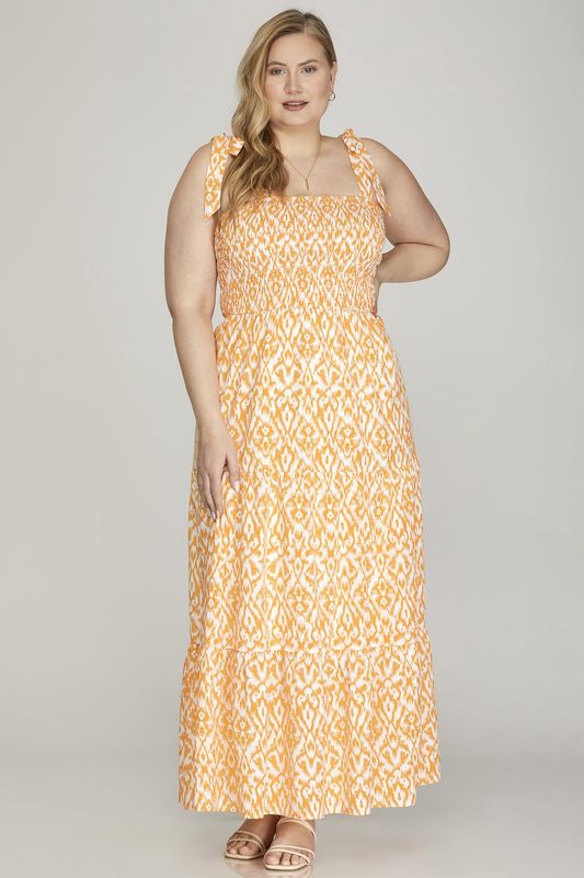 Apricot Smocked Print Maxi Dress W/Pkts XL