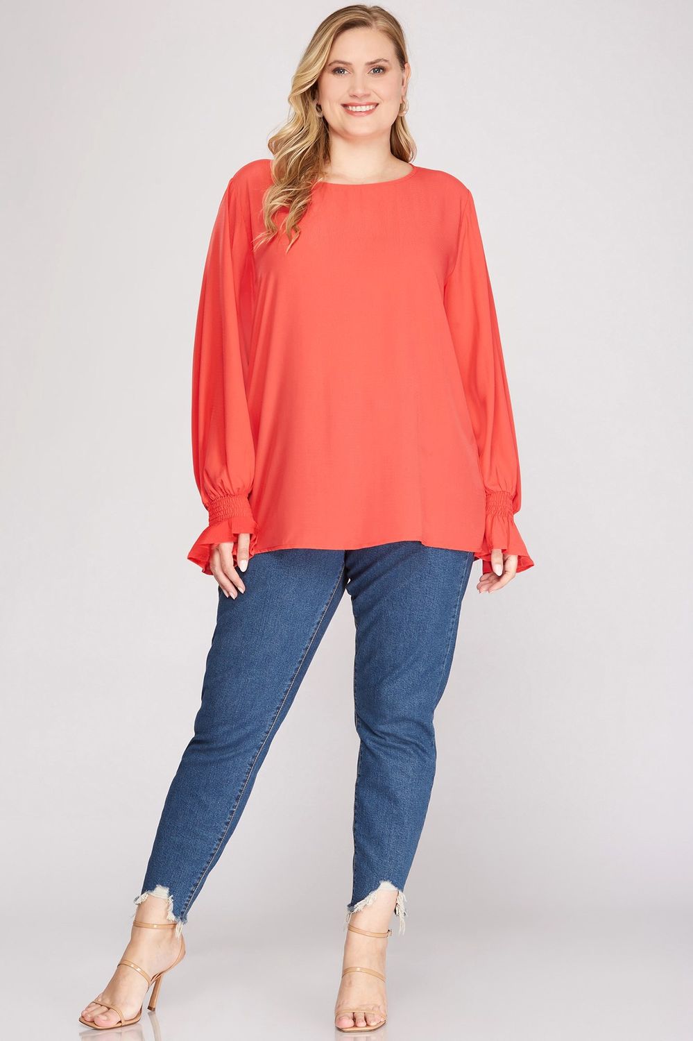 Peach Smocked Bubble LS Top