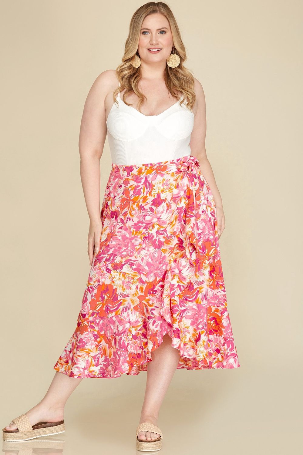 Orange/Pink Wrap Midi Skirt Ruffle Hem