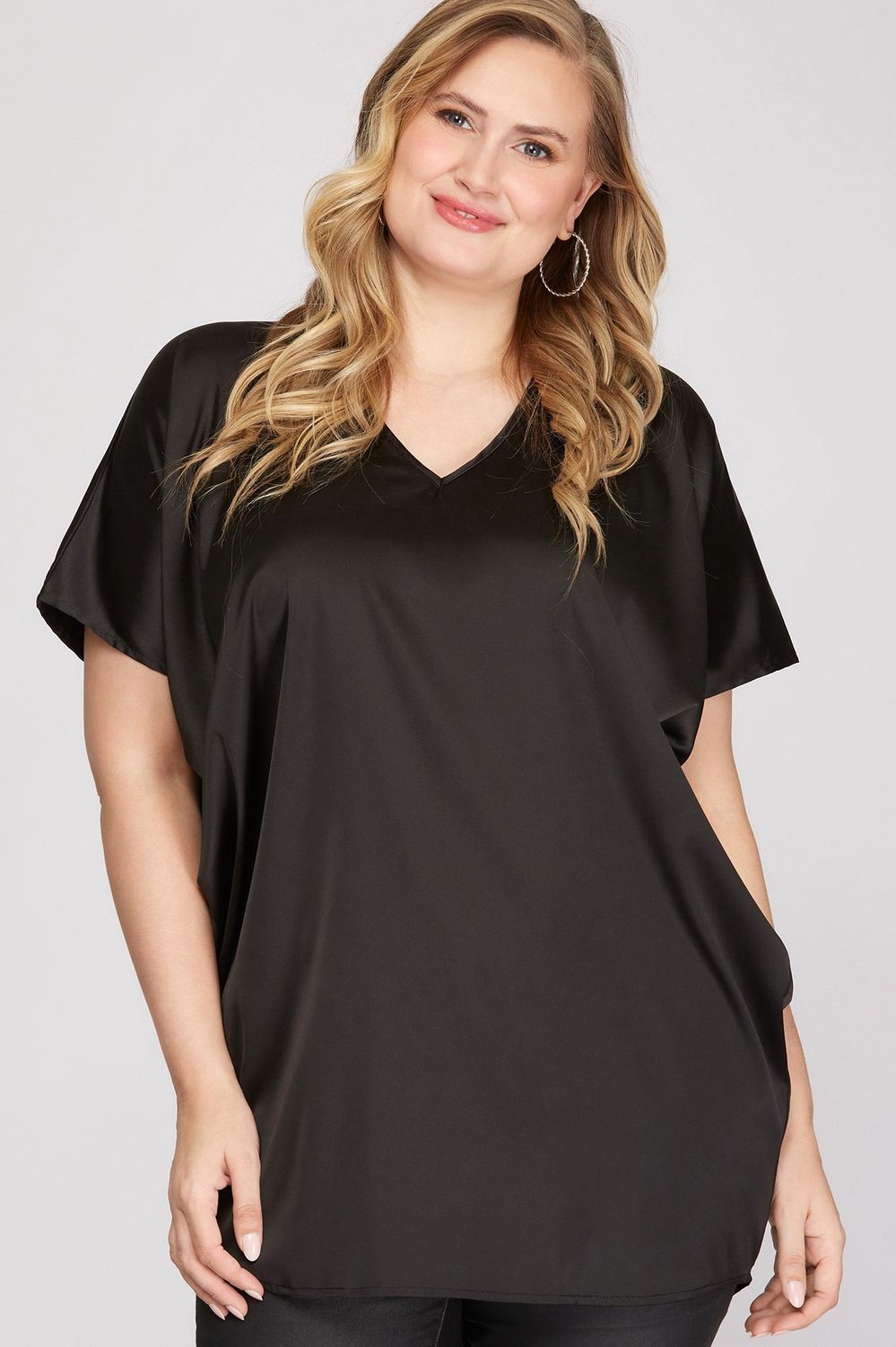 Blk Drop Shoulder Satin Top