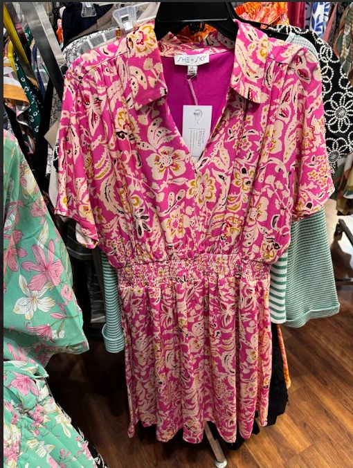 Hot Pink  Dropped Short Sl Collared Dress