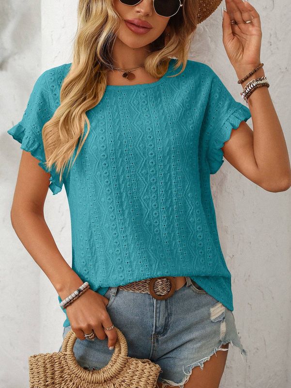 Turq Solid Color Crewneck Short-Sleeve Hollow-Out Top