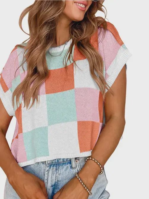 Color Block Checkered Cap Sleeve Casual Knit Sweater Top