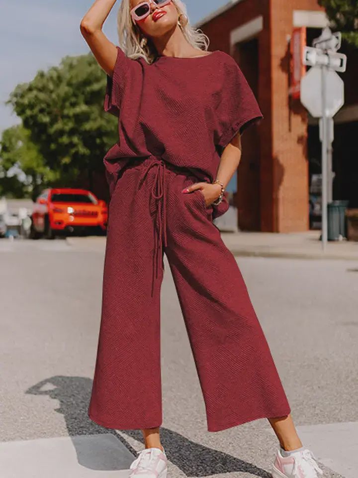 DahliaTextured Loose Fit Short Sleeve Top and Wide Leg Pants Set