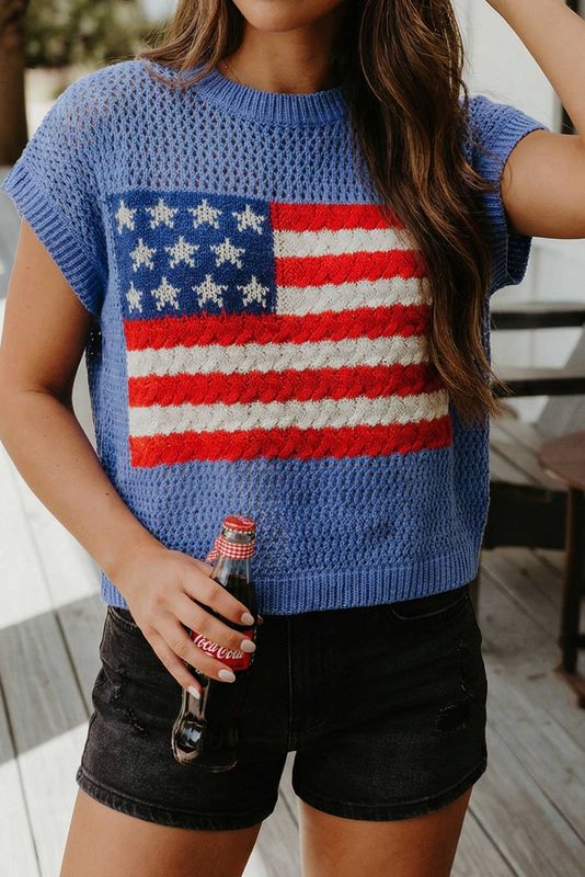 Blue Flag Graphic Short Sleeve Sweater