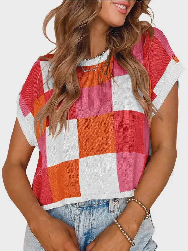 Color Block Checkered Cap Sleeve Casual Knit Sweater Top: Rose red, Size: S