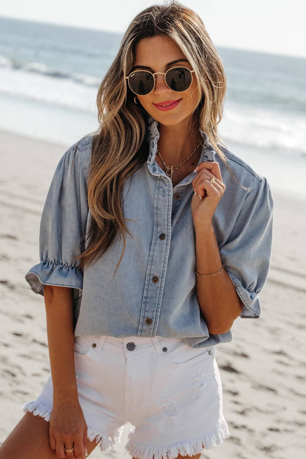 Beau Blue Ruffle Short Puff Sleeve Summer Chambray Shirt, Size: S