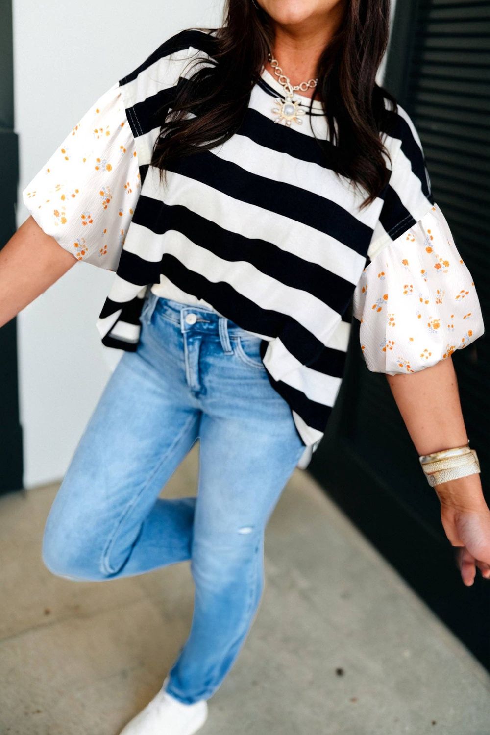 Black Stripe Floral Print Puff Sleeve Patchwork Blouse: Black Stripe, Size: S