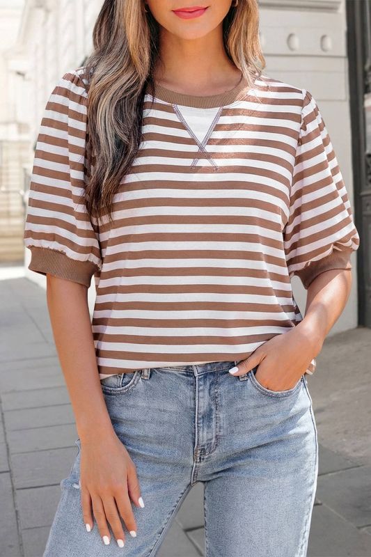 Khaki Stripe Short Bubble Sleeve Round Neck Tee