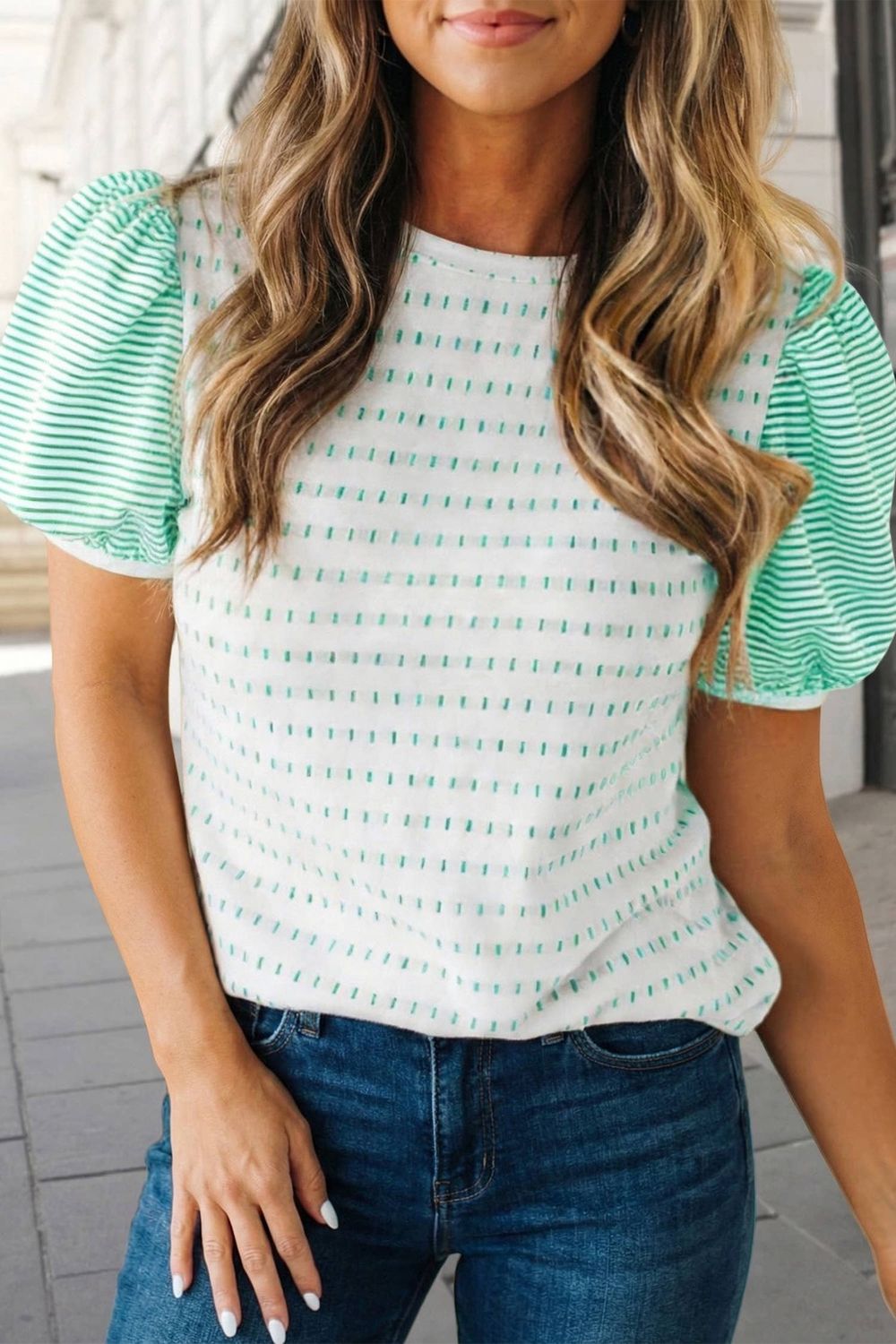 Striped Puff Short Sleeve T Shirt Green / XL
