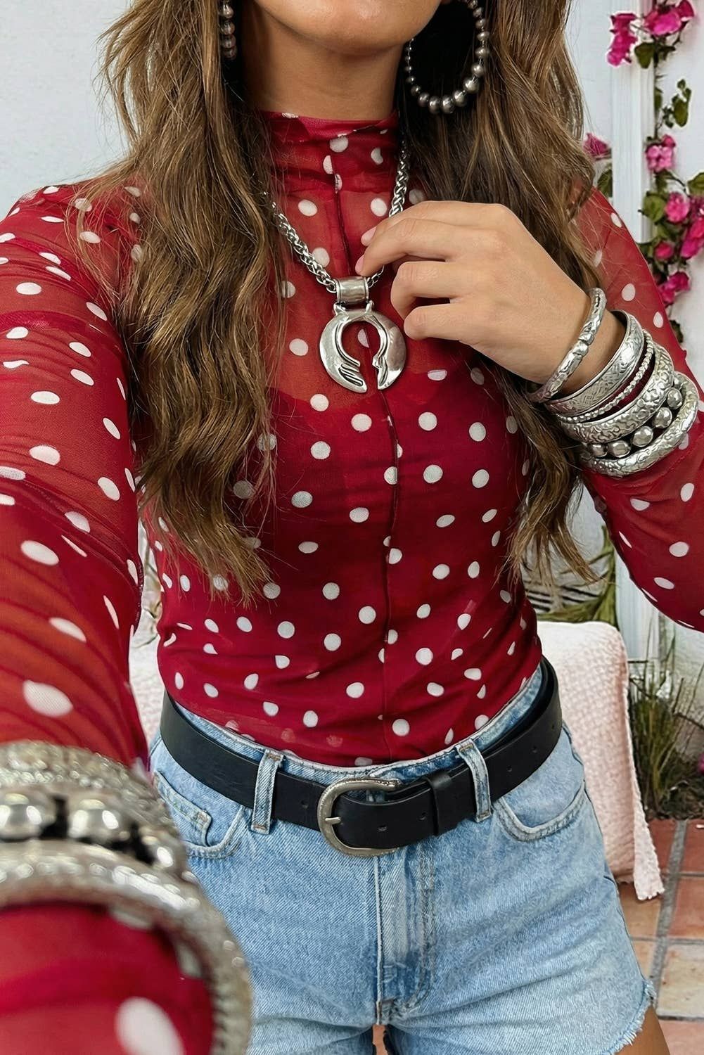 Polka Dot Patterned Bodycon Mock Neck Mesh Long Sleeve Top: Red / XL