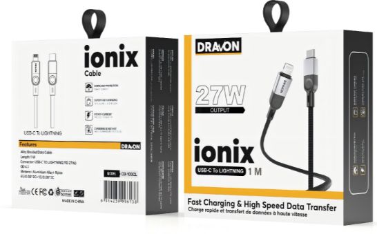 27W USB-C to Lightning Cable (ionix) (1M) - Noir