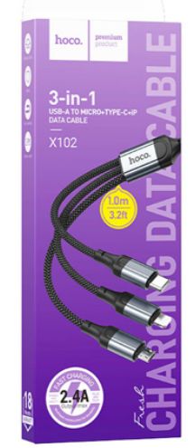 Hoco 3 en 1(USB to Lightning, USB-C, MicroUSB)- Black