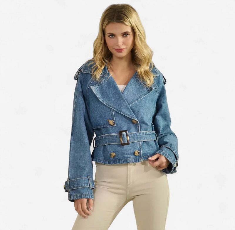 Veveret Double Breasted Waist Length Belted Denim Trench Coat