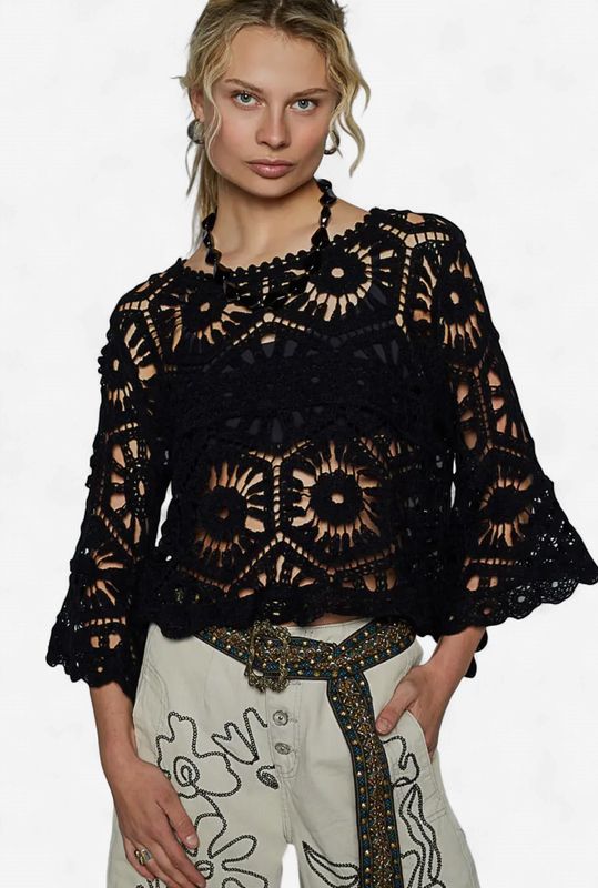 Pol Crochet Waist Length Top W/ 3/4 Bell Sleeve - Black